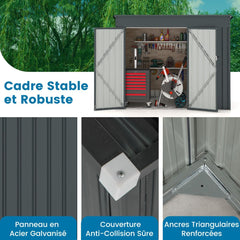 Abri de Jardin Extrieur Abri  Outils de Jardin avec 2 Portes Design Inclin Arations Cadre en Mtal Galvanis 235x117x185cm Gris Fonc -