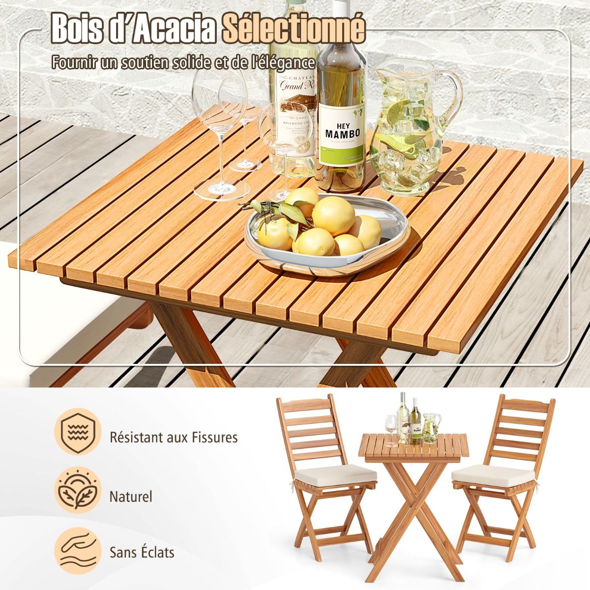 Ensemble Bistrot d'Extérieur en Bois d'Acacia Ensemble de Chaises Pliantes et Table Coussins de Siège Sans Accoudoirs à Dossier Haut Blanc -
