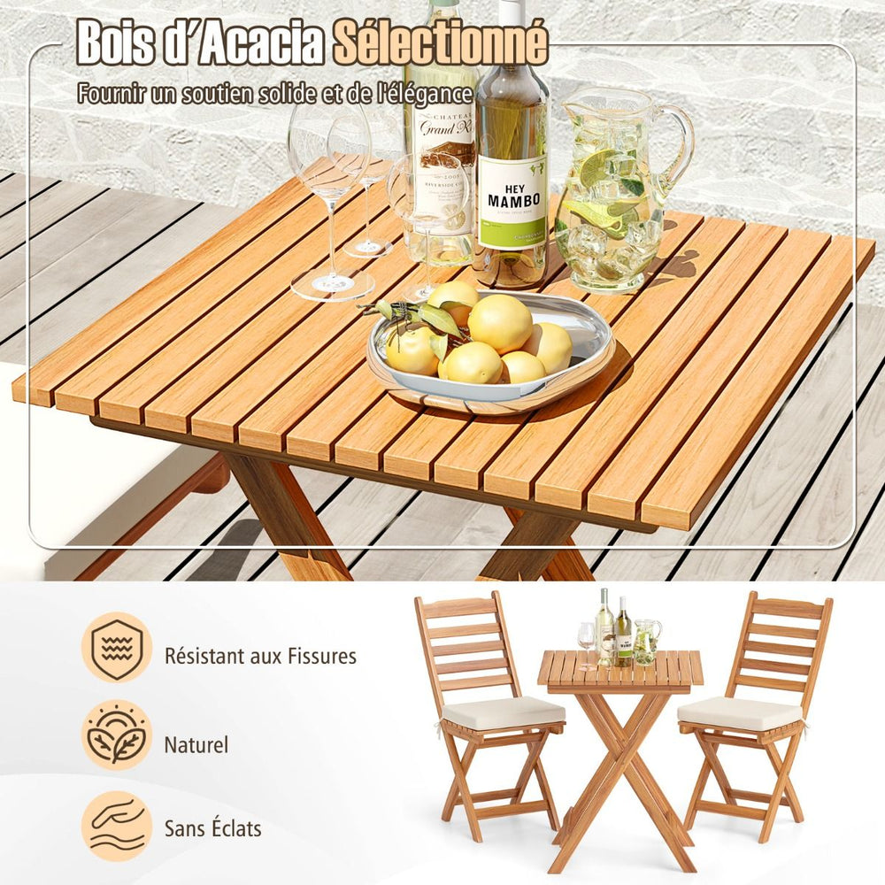 Ensemble Bistrot d'Extérieur en Bois d'Acacia Ensemble de Chaises Pliantes et Table Coussins de Siège Sans Accoudoirs à Dossier Haut Blanc -