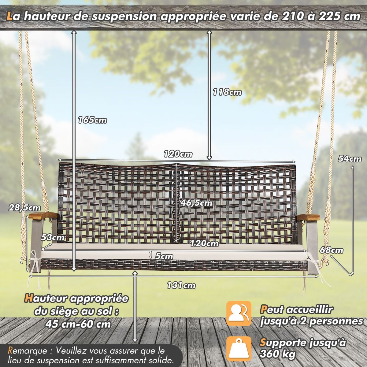 Banc Suspendu de Jardin en Rotin 2 Place Accoudoirs en Bois d'Acacia Cadre en Métal Coussin Cordes Crochets Blanc/Noir -