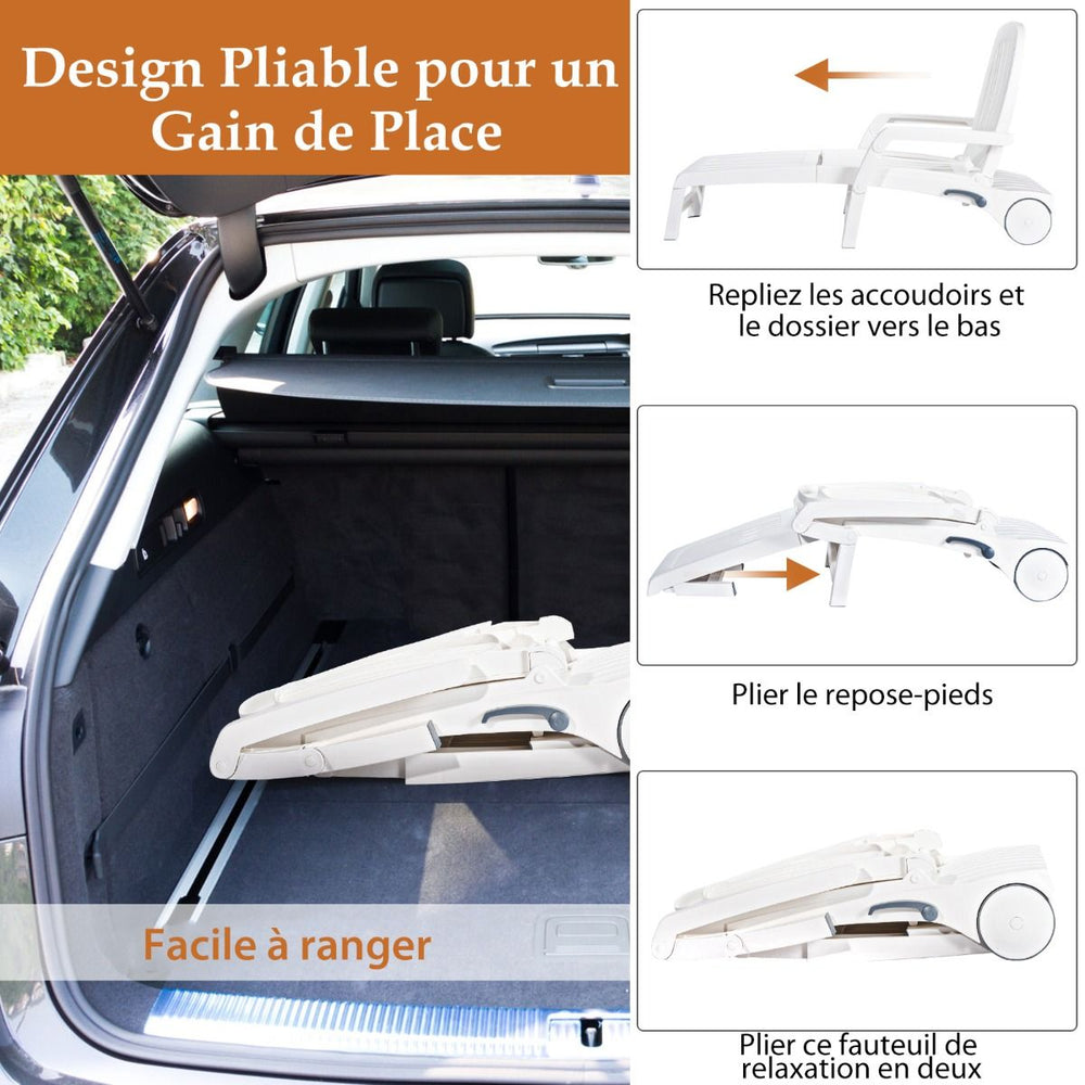 Chaise Longue Inclinable Rglable  5 Positions avec Roues Flexibles Fauteuil Relax de Camping avec Bo卯te de Rangement Charge 150KG Blanc -