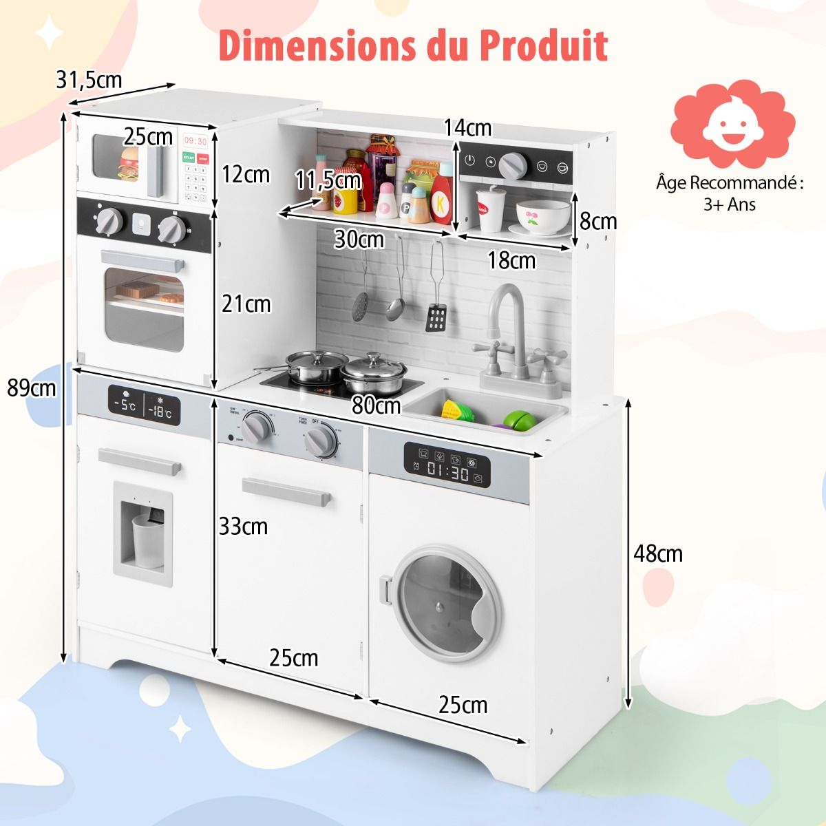 Cuisine de Jeu pour 3 Ans et Plus Jouets de Cuisine en Bois avec Evier Robinet Distributeur d橢au Micro-ondes Four Ustensiles Blanc -