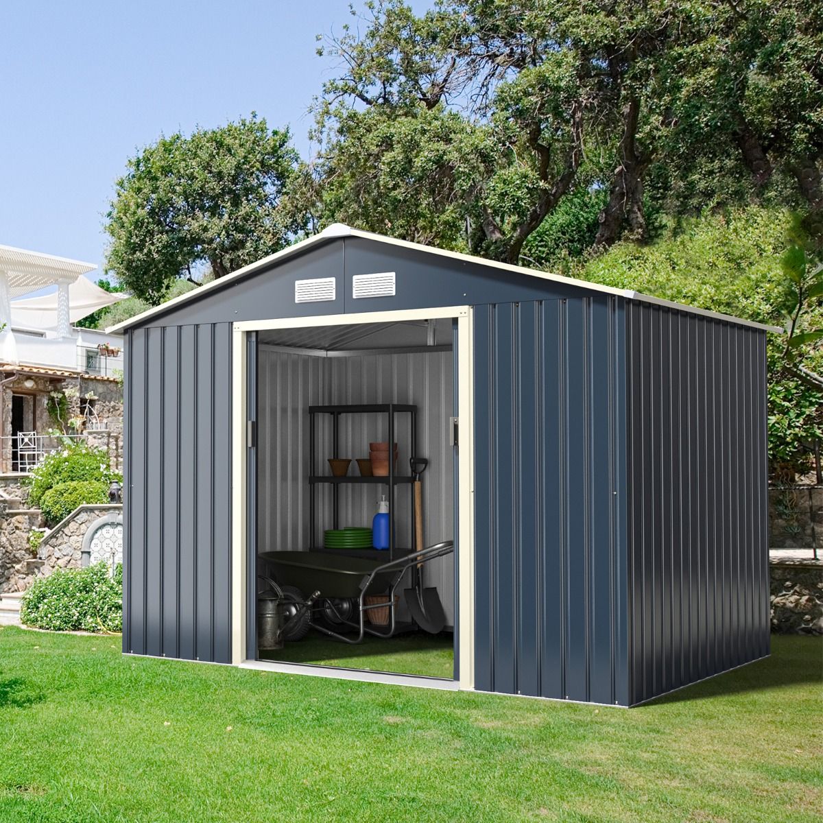 Abri de Jardin en Mtal 5,29 銕77 x 191 x 202 cm avec 2 Portes Coulissantes Verrouillables 4 Trous d橝ration Gris pour Vlo -