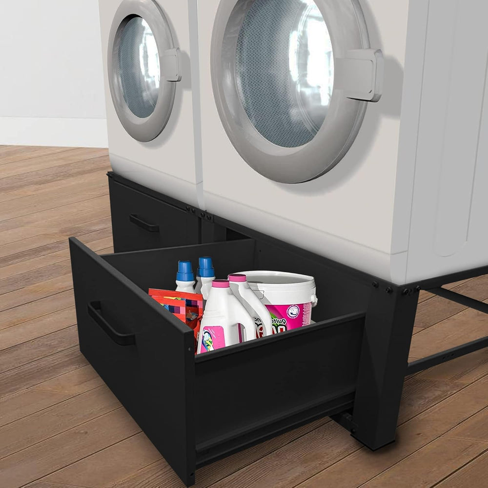 Vonia Rehausseur Double pour Lave-Linge et Sèche-Linge – Avec Tiroir – Support Machine à Laver Robuste – Noir