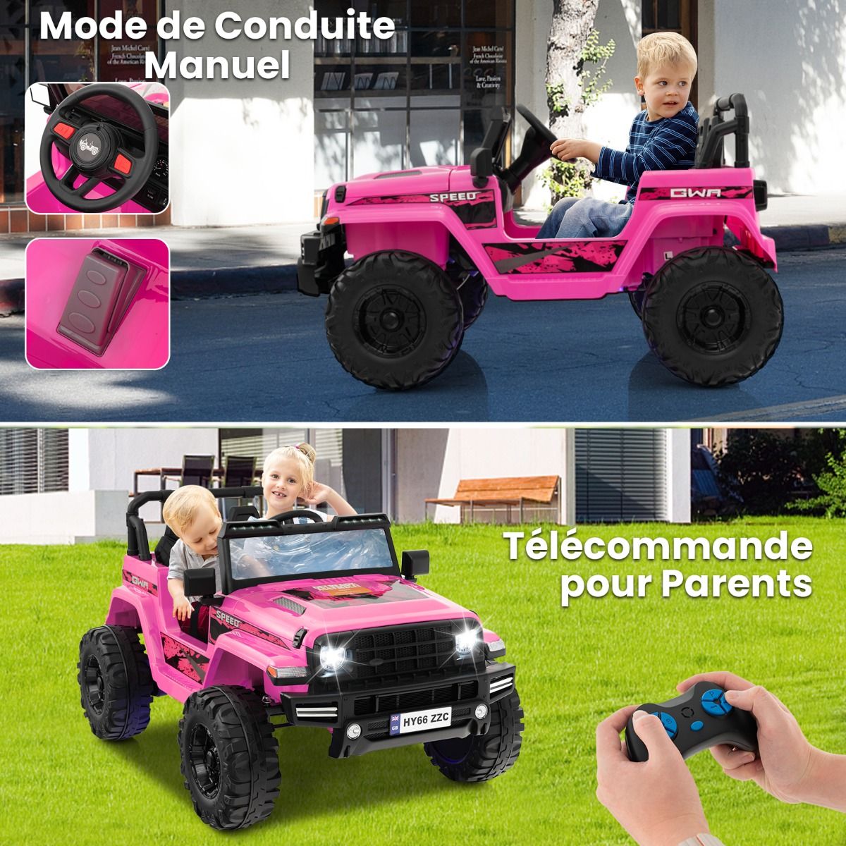 24V Voiture lectrique 2 Places Enfants avec Tlcommande 2,4G Musique LED Dmarrage Lent 2 Vitesses Charge 35kg pour 3-8 Ans+ Rouge/Rose/Vert -