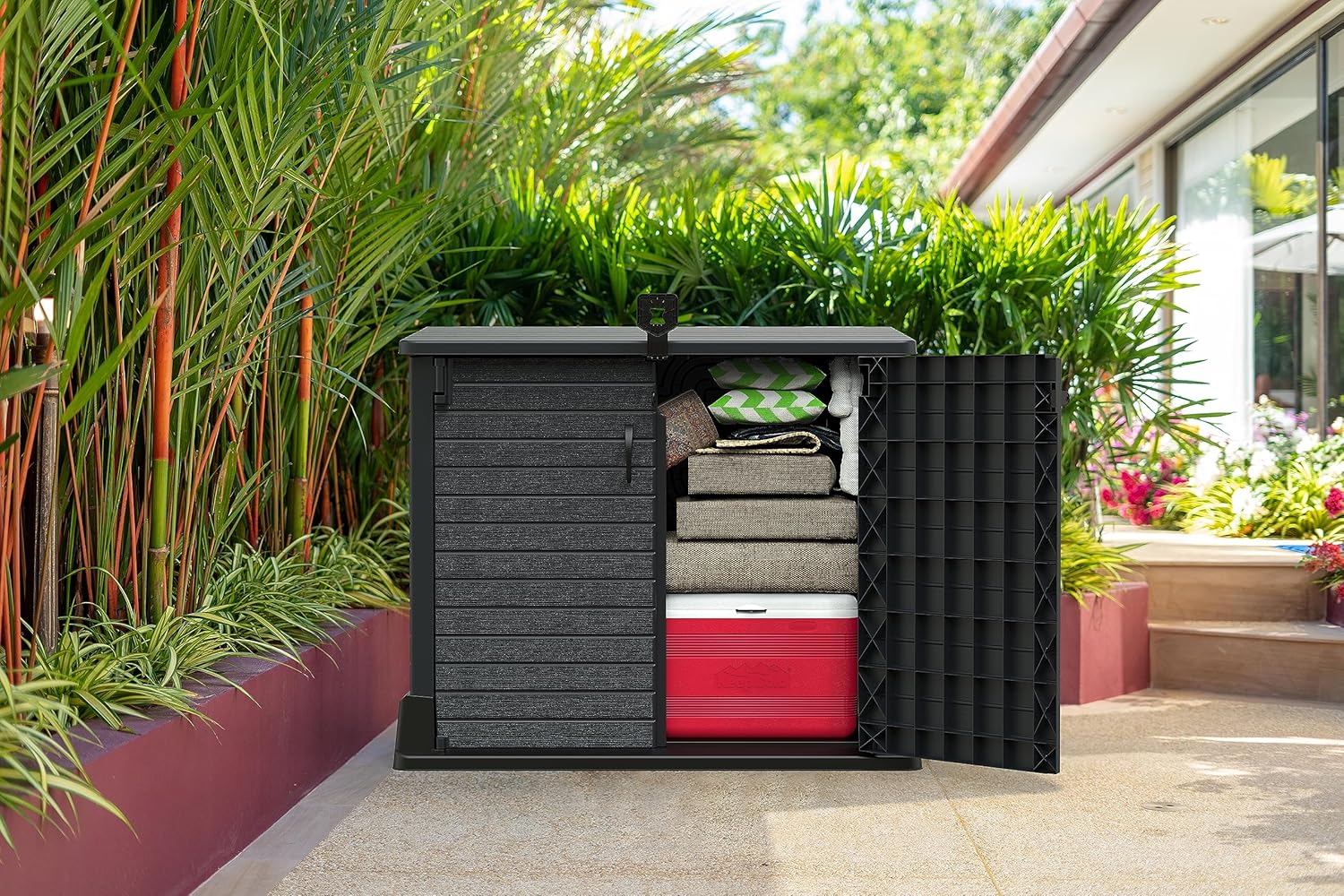 Duramax StoreAway 1200L Plastic Garden Shed/ Flat Lid,Outdoor Storage Shed,Wheelie Bin Hideaways,Wheelie bin box,Durable Construction,Ideal for Bikes,BBQs & 2x 240L Bins,145x85x125 cm,Brown