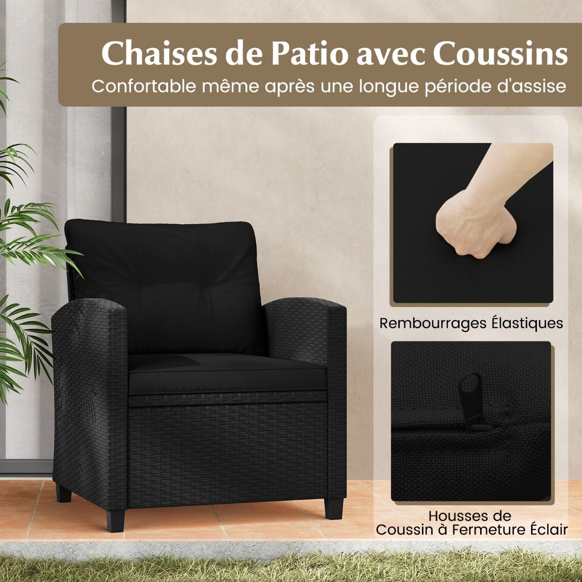 Ensemble de Meubles 3 Pièces de Patio en Rotin Charge 180KG Salon de Jardin 2 Fauteuils Table Basse avec Plateau Noir/Beige/Blanc -