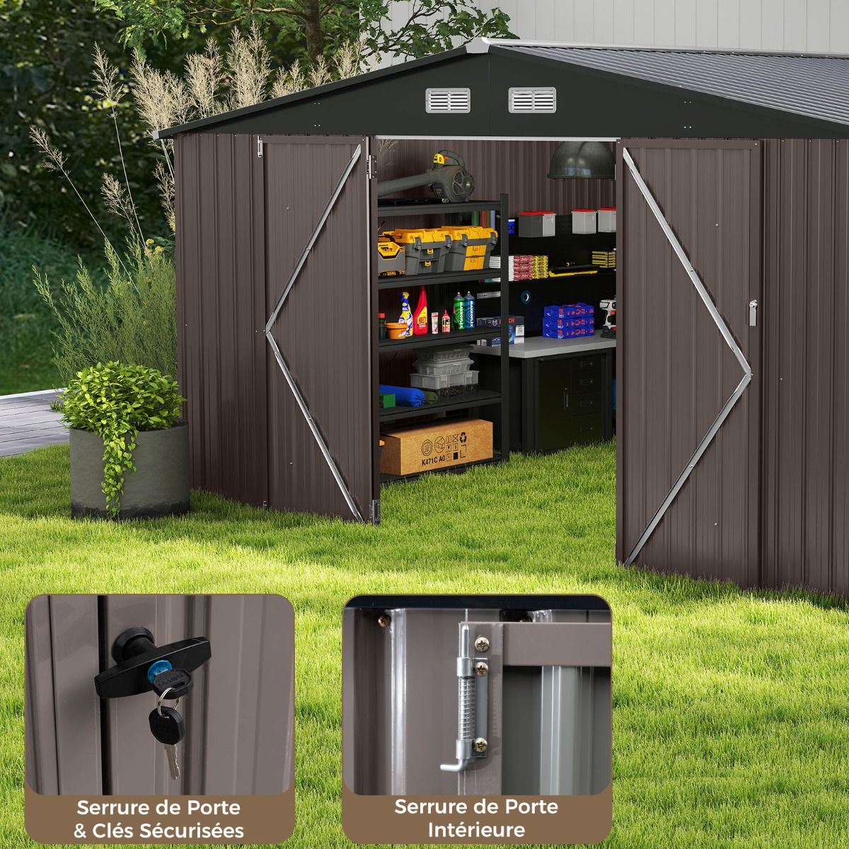Abri de Stockage Extrieur Grand Hangar  Outils avec Design de Toit Inclin Portes Fermables avec Cls 4 Arations 350x350x198cm Gris -