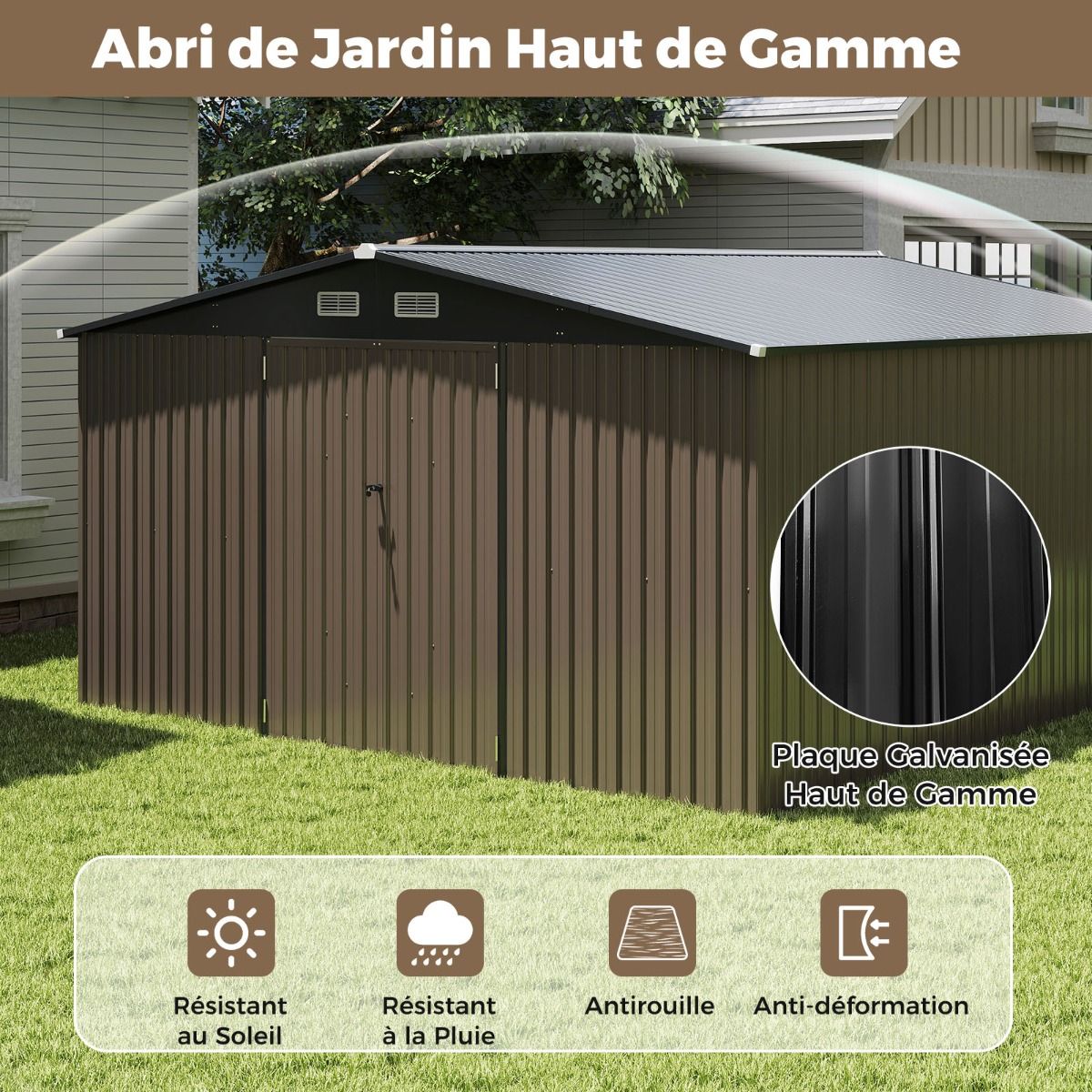 Abri de Stockage Extrieur Grand Hangar  Outils avec Design de Toit Inclin Portes Fermables avec Cls 4 Arations 350x350x198cm Gris -
