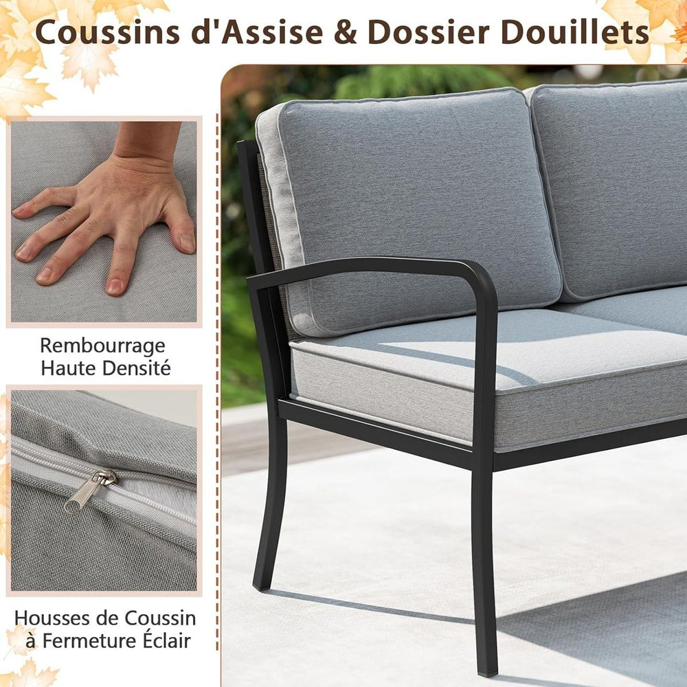 Ensemble Salon de Jardin 3 Pièces Ensemble de Canapé Rembourré d’Extérieur avec Table Basse Cadre en Métal Robuste Gris -