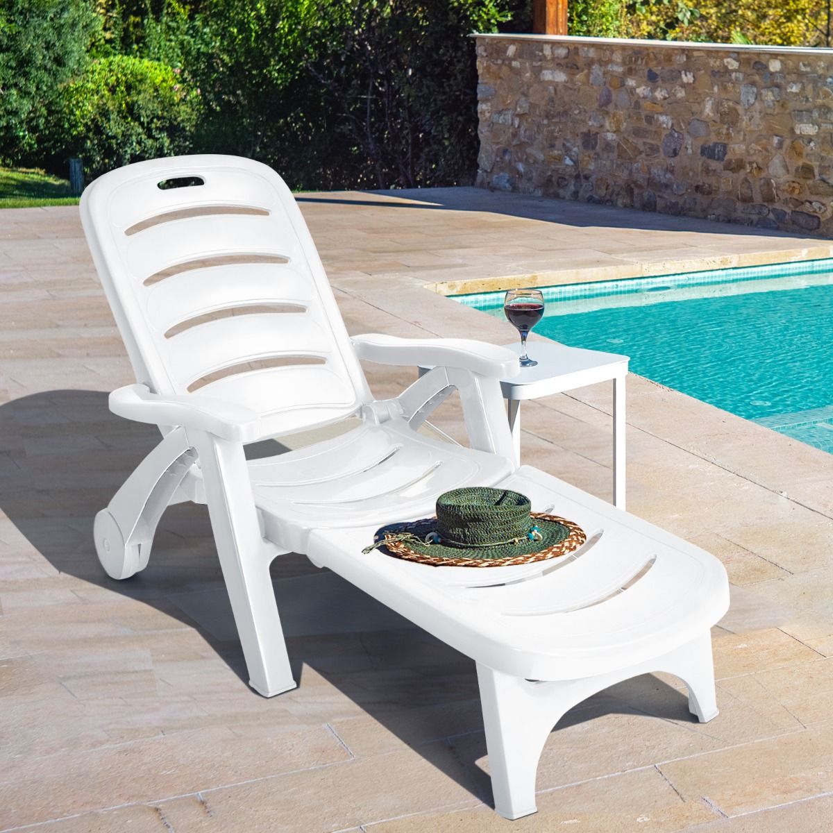 Chaise Longue Pliable Dossier Inclinable  5 Positions avec Roues Intgres pour Terrasse Jardin Piscine 150 kg Gris/Blanc/Bleu -
