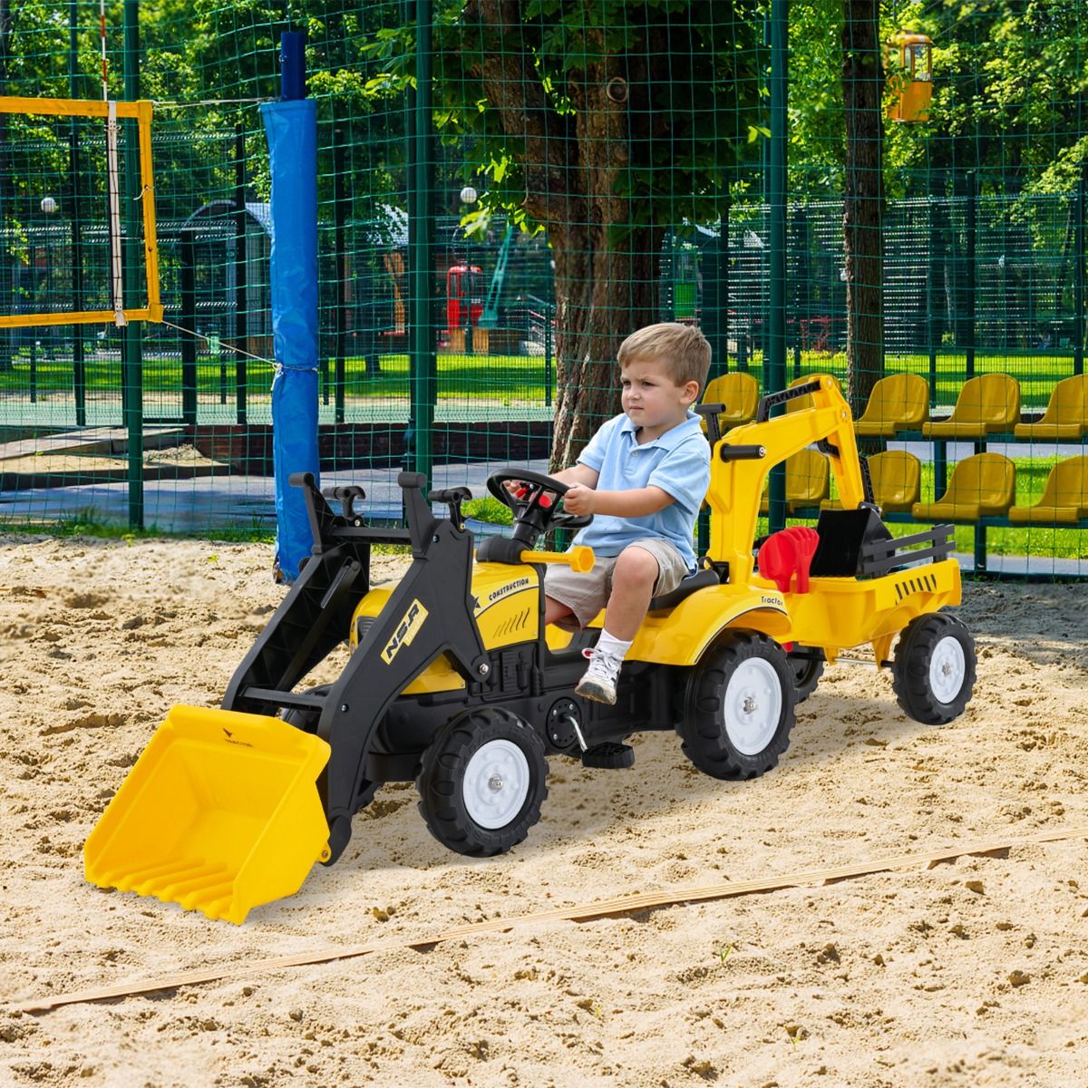 3 en 1 Tracteur pour Enfant avec 6 Roues Jouet Pelle Remorque Amovible avec Volant Klaxon 3  6 Ans Jaune/Vert -