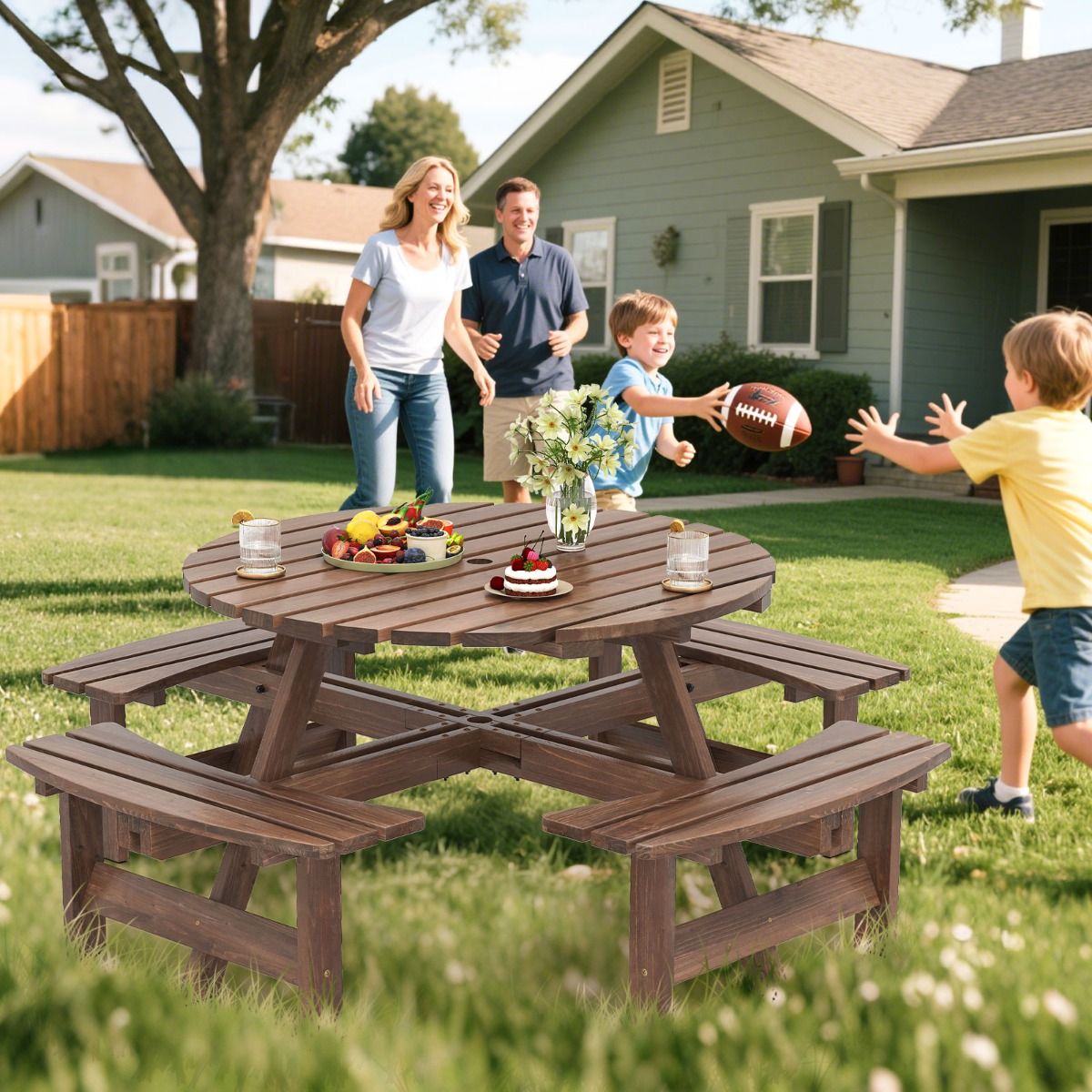 Ensemble Table de Pique-Nique en Bois pour 2  8 Personnes Set Table et Banc Circulaire avec 4 Bancs Intgrs Trou de Parasol de 5cm Marron/Jaune -