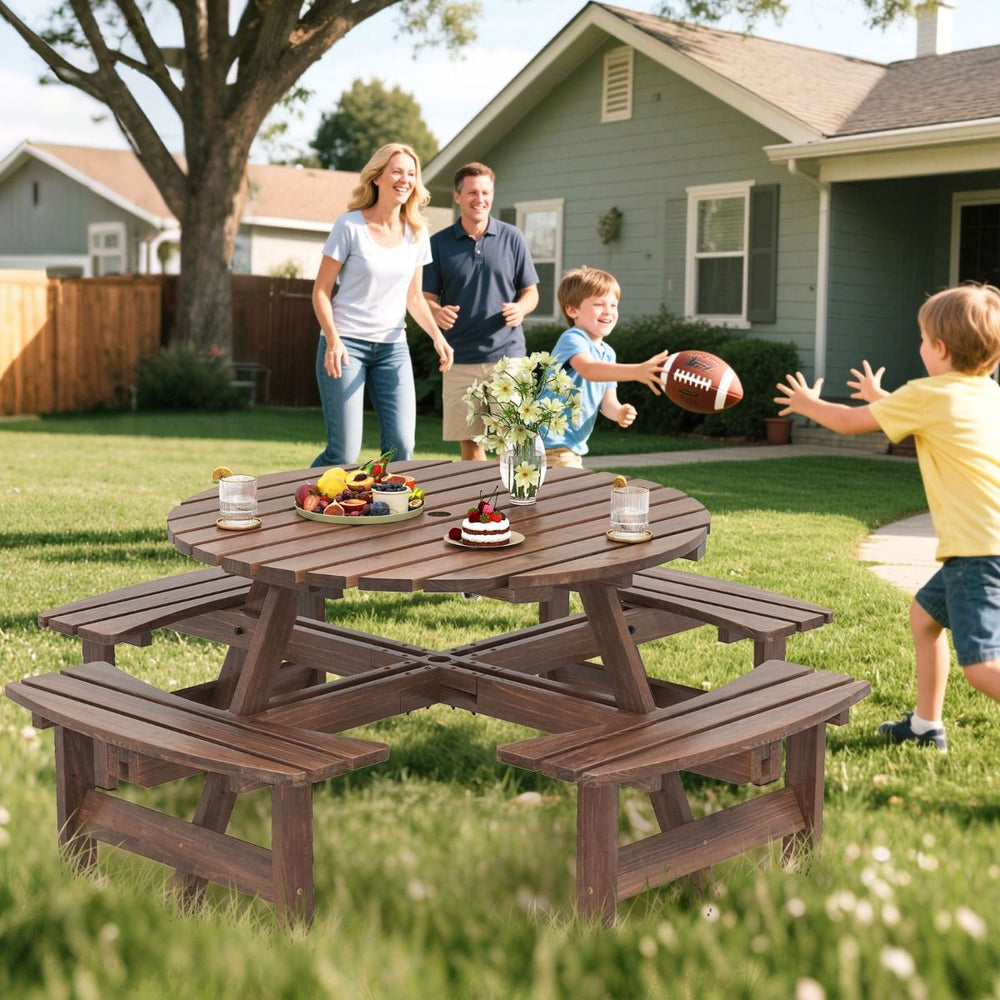 Ensemble Table de Pique-Nique en Bois pour 2  8 Personnes Set Table et Banc Circulaire avec 4 Bancs Intgrs Trou de Parasol de 5cm Marron/Jaune -