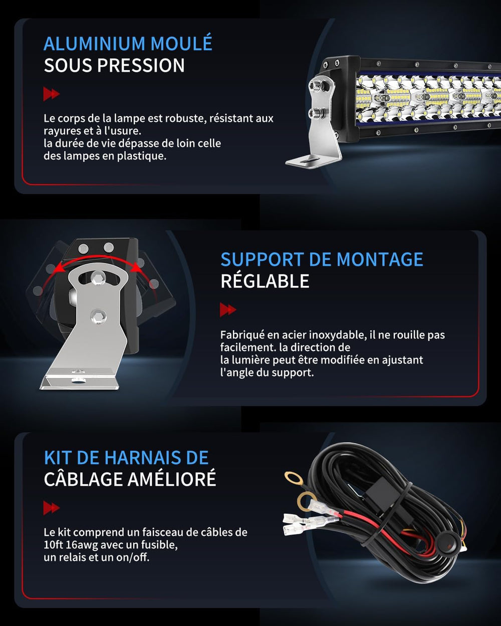 BraveWAY 52 Pouces Slim incurvée Barre Rampe LED 480W 32500LM, Triple rangée Barre LED 4x4 projecteur Flood avec kit de Harnais pour 4x4 Tracteur Voiture Camion SUV ATV, 12V 24V