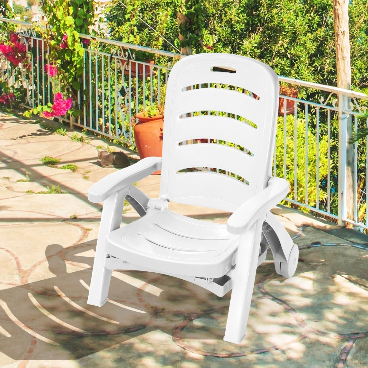 Chaise Longue Pliable Dossier Inclinable à 5 Positions avec Roues Intégrées pour Terrasse Jardin Piscine 150 kg Gris/Blanc/Bleu -