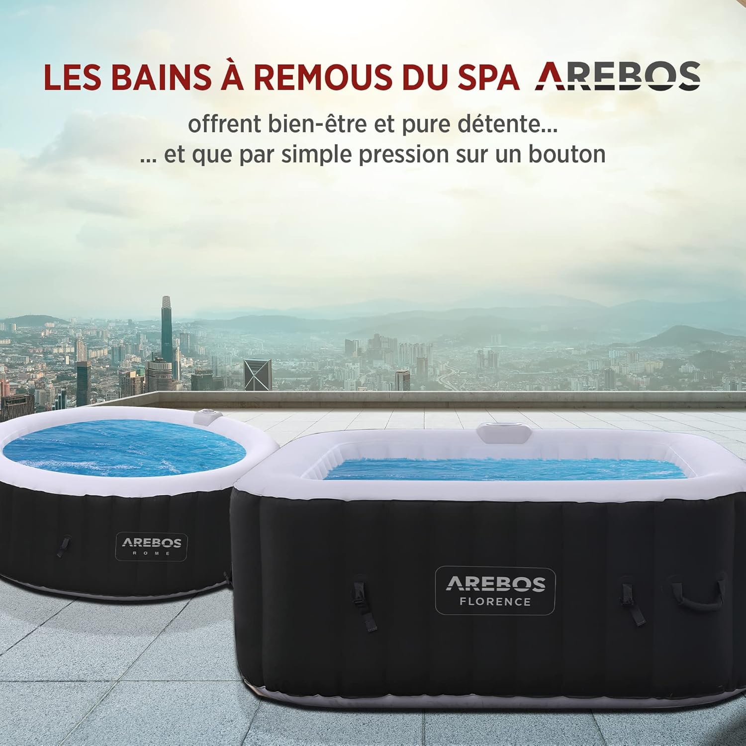 Arebos Spa Gonflable | pour l'intérieur et l'extérieur | 4 Personnes | 154x154cm | 100 Jets de Massage | Spa Bien-être Chauffage | Massage Gonflable Carré | 600 litres