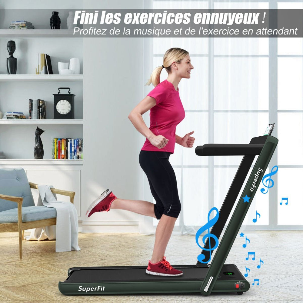 2 en 1 Tapis de Course Electrique Pliable 1 à 12 Km/H avec Haut-parleur Bluetooth Télécommande Moteur 0,75HP Vert/Blanc/Noir/Rouge/Or/Noir et Argenté/Bleu -