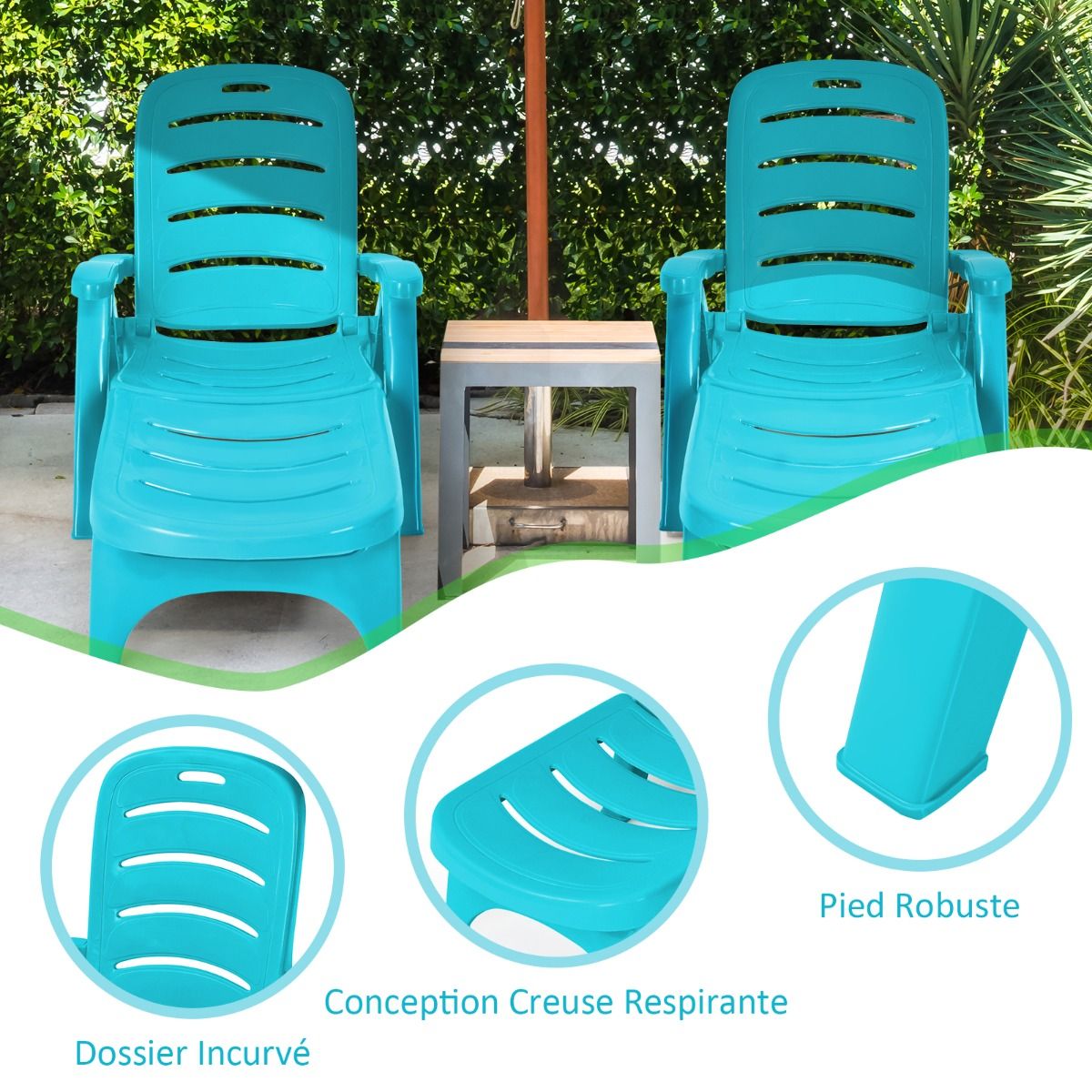 Chaise Longue Pliable Dossier Inclinable à 5 Positions avec Roues Intégrées pour Terrasse Jardin Piscine 150 kg Gris/Blanc/Bleu -