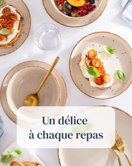 Ensemble Vaisselle en Grès 6 Personnes Rustique 24 pièces - Service de Table Rustique, Lavable au Lave-Vaisselle - Ensemble de Bols et Assiettes - Vaisselle de Table Pure Living en beige