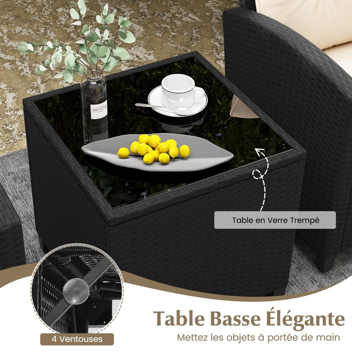 Ensemble de Meubles 3 Pices de Patio en Rotin Charge 180KG Salon de Jardin 2 Fauteuils Table Basse avec Plateau Noir/Beige/Blanc -
