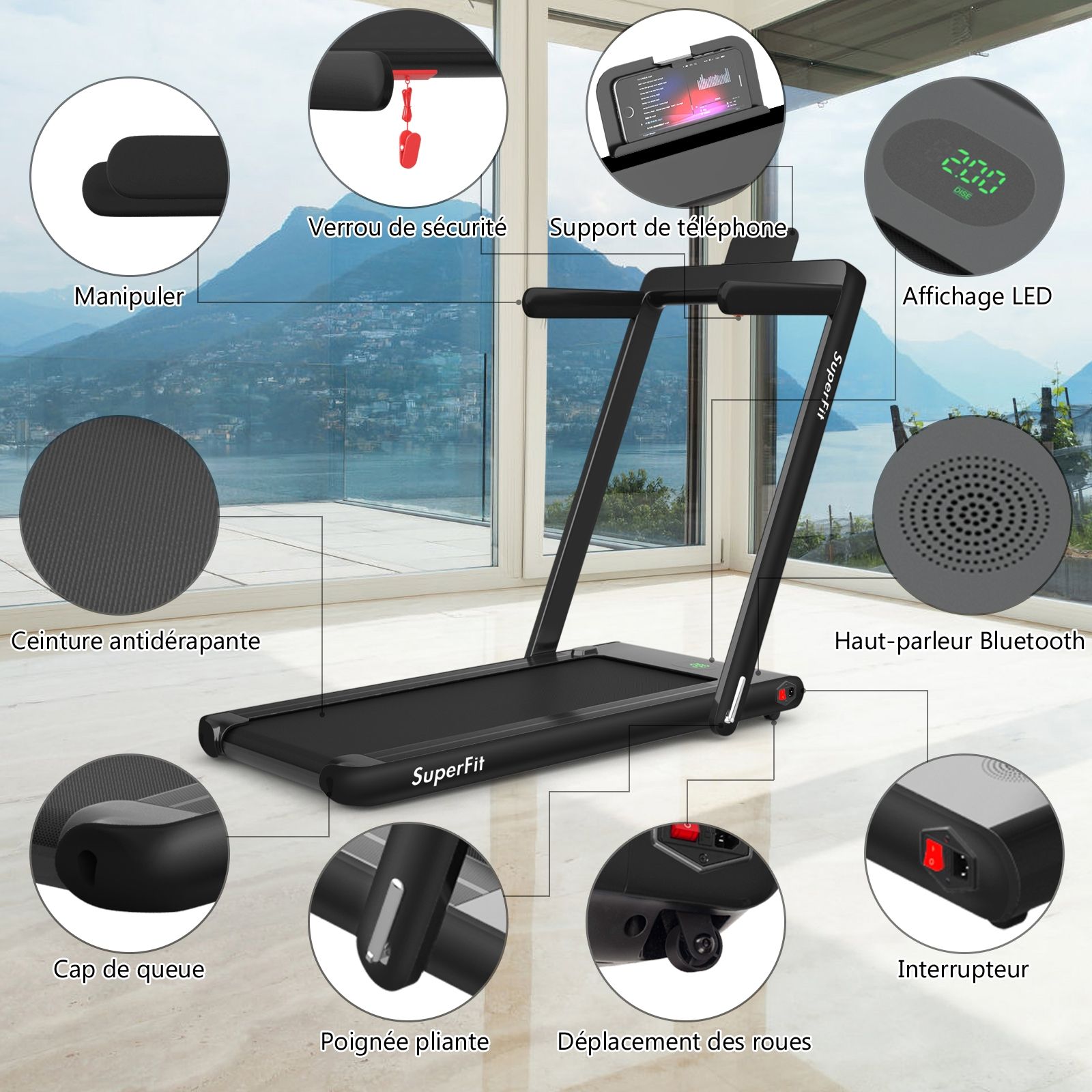 2 en 1 Tapis de Course Electrique Pliable 1 à 12 Km/H avec Haut-parleur Bluetooth Télécommande Moteur 0,75HP Vert/Blanc/Noir/Rouge/Or/Noir et Argenté/Bleu -