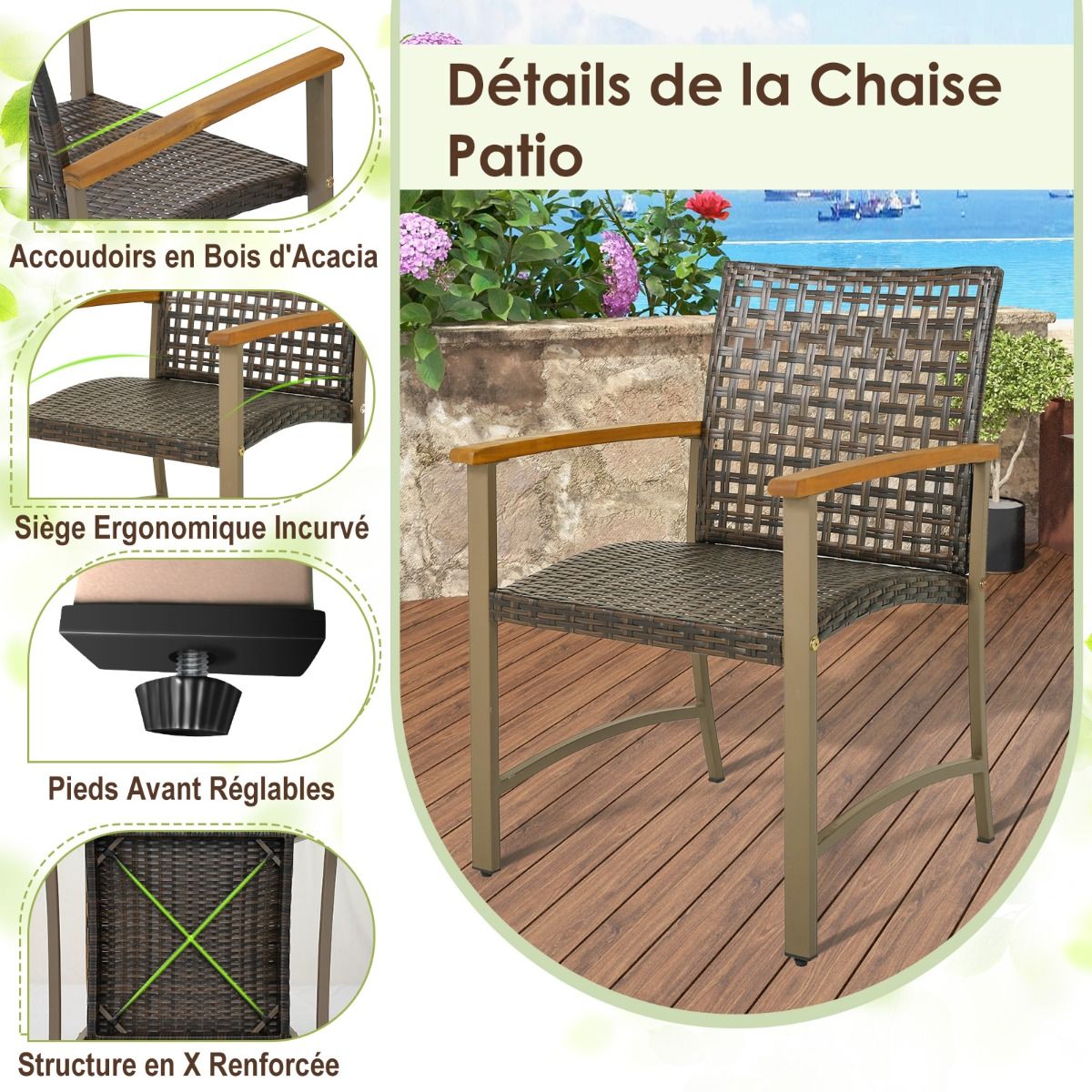 Ensemble de 4 Chaises en Rotin pour l'Extrieur Chaises avec Accoudoirs en Bois d'Acacia Structure Mtallique Robuste Chaises Ergonomiques -