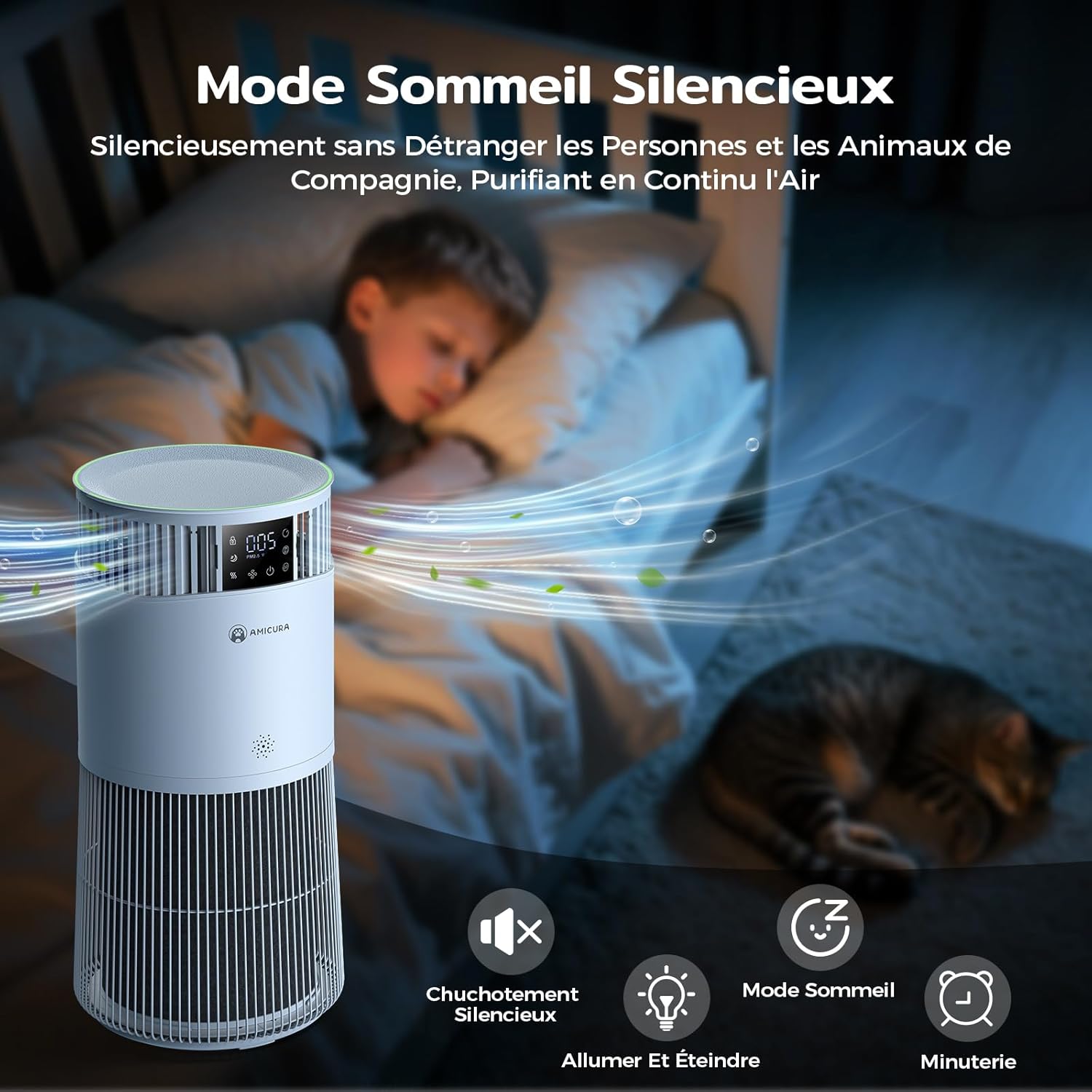 Amicura P2 Purificateur d'air Hepa pour Animaux et Personnes Allergiques, 843 m³/h CADR Contre les Poils d'animaux, Filtre Hospitalier H13 Hepa, 450 m³/h de Particules, Contrôle par App