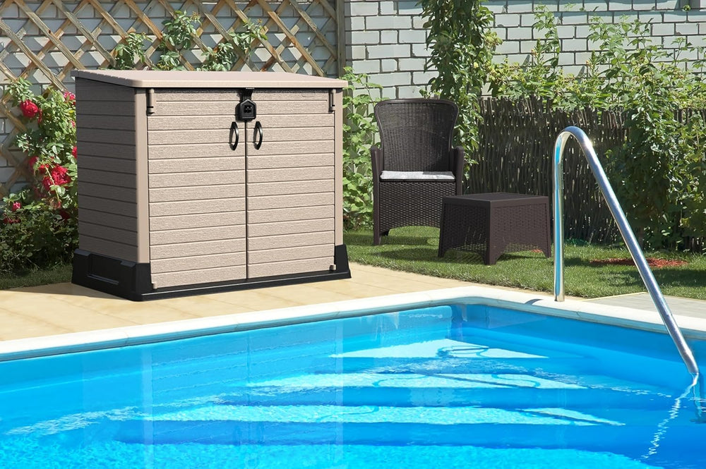 Duramax StoreAway 1200L Plastic Garden Shed/ Flat Lid,Outdoor Storage Shed,Wheelie Bin Hideaways,Wheelie bin box,Durable Construction,Ideal for Bikes,BBQs & 2x 240L Bins,145x85x125 cm,Brown