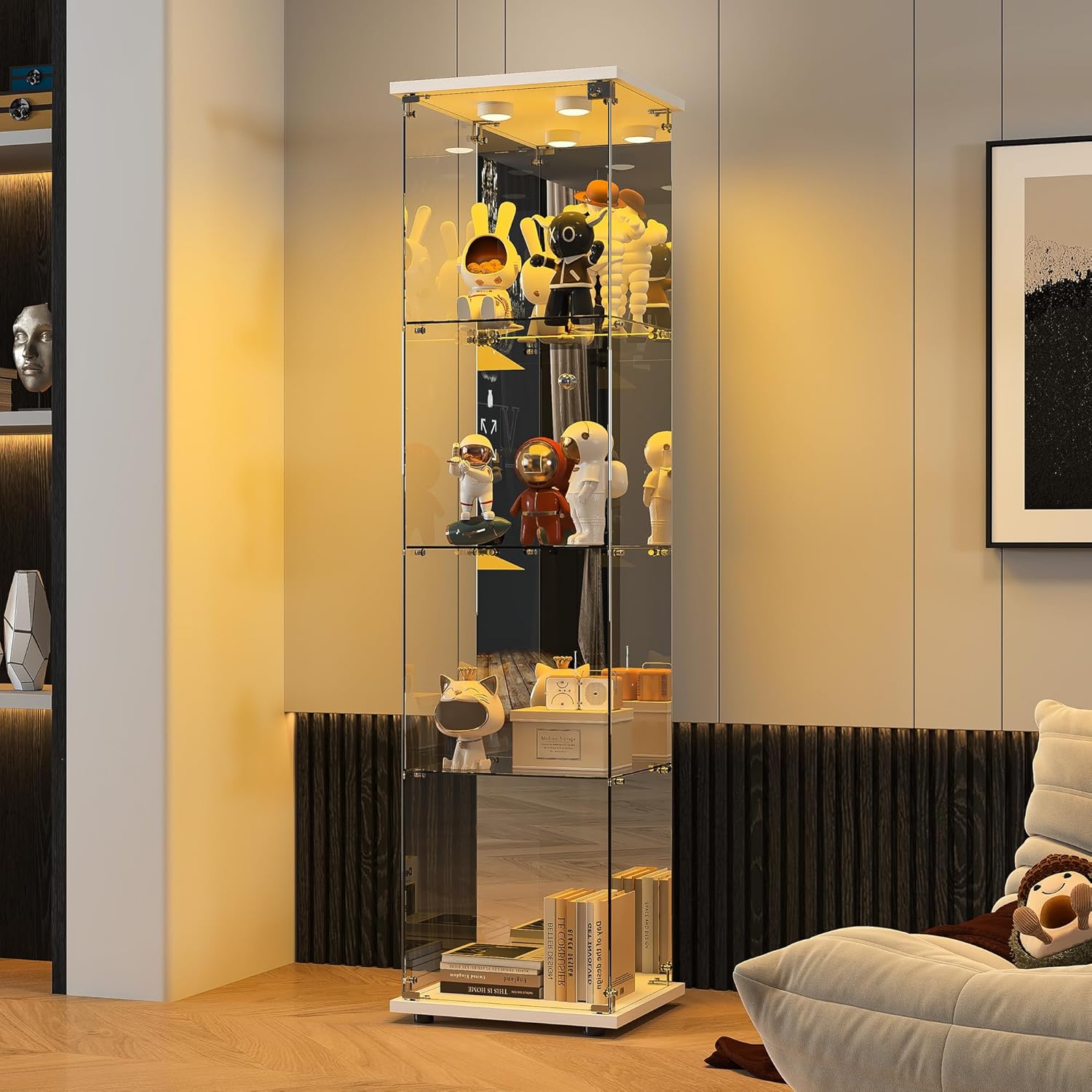 BPKADHY Vitrine sur pied en verre à 4 couches - 1 porte - Lampe LED et serrure avec paroi arrière miroir - Armoire de salon pour objets de collection et livres - Blanc