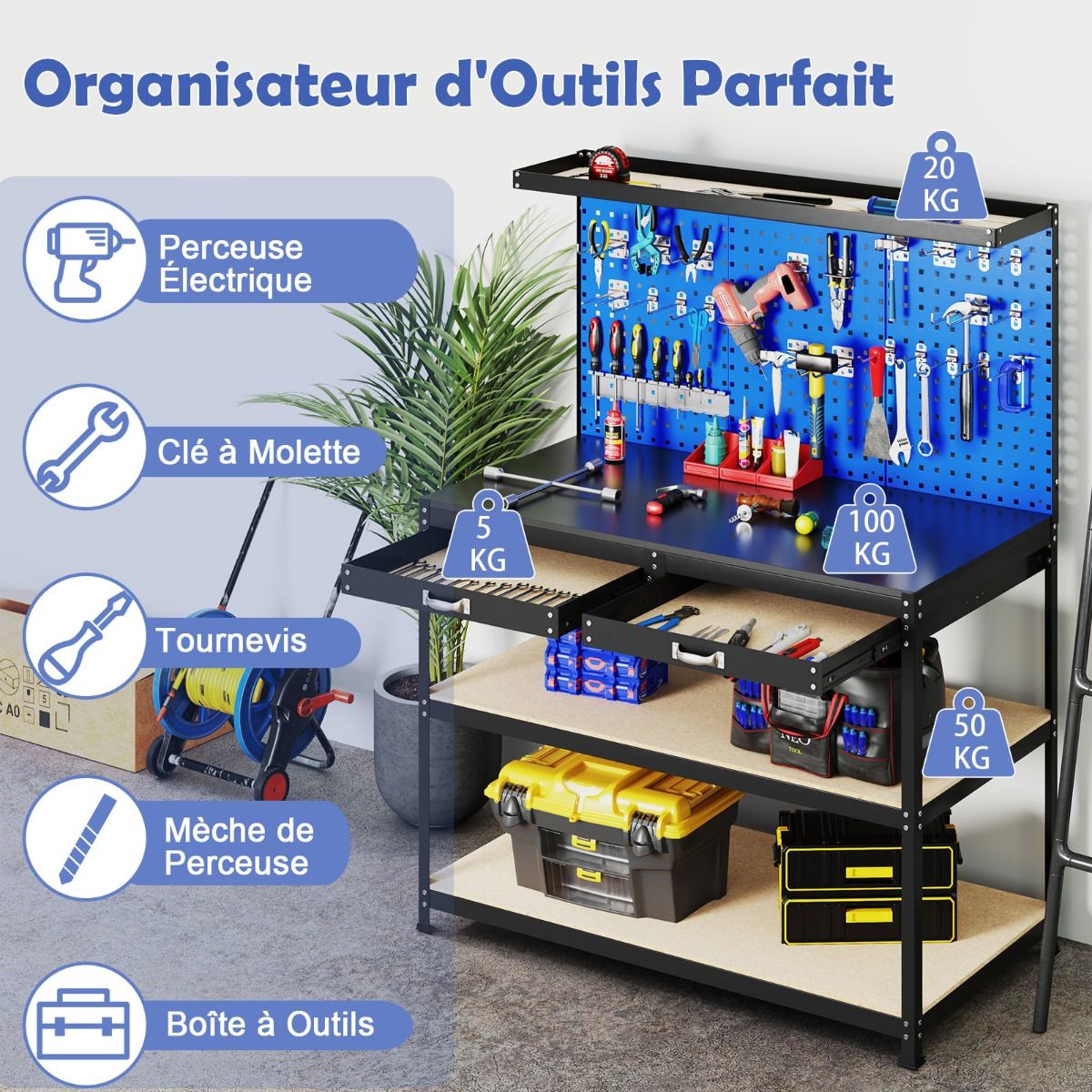 tabli de Bricolage 121 x 61 cm Table de Travail en Mtal de 230 kg avec 3 Panneaux Perfors 24 Accessoires de Suspension Noir/Bleu Marine -