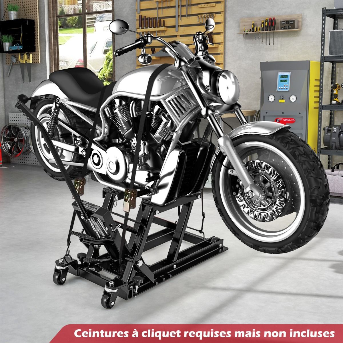 Cric Hydraulique pour Moto Capacité de 680 kg Table Élévatrice Moto Plateforme Réglable en Hauteur sur 3 Niveaux Rouge/Noir -