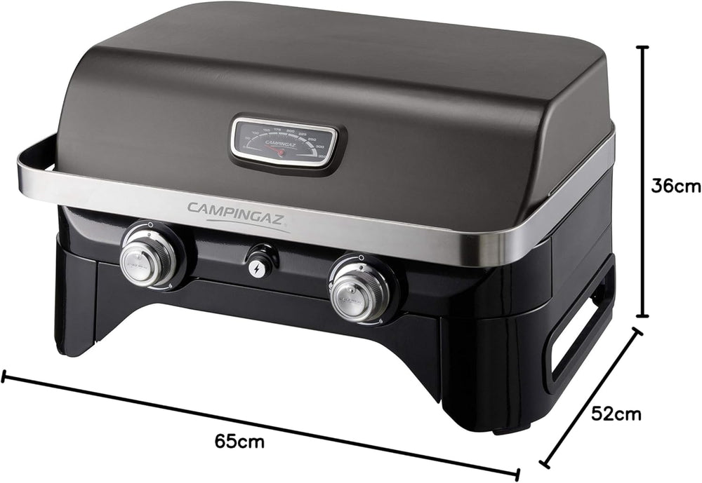 Attitude2go,Barbecue de Table  Faible fume,BBQ Portable, Couvercle,thermomtre,et Grille en Fonte,Alimentation : Cartouche de gaz CV 470 Plus,Gris