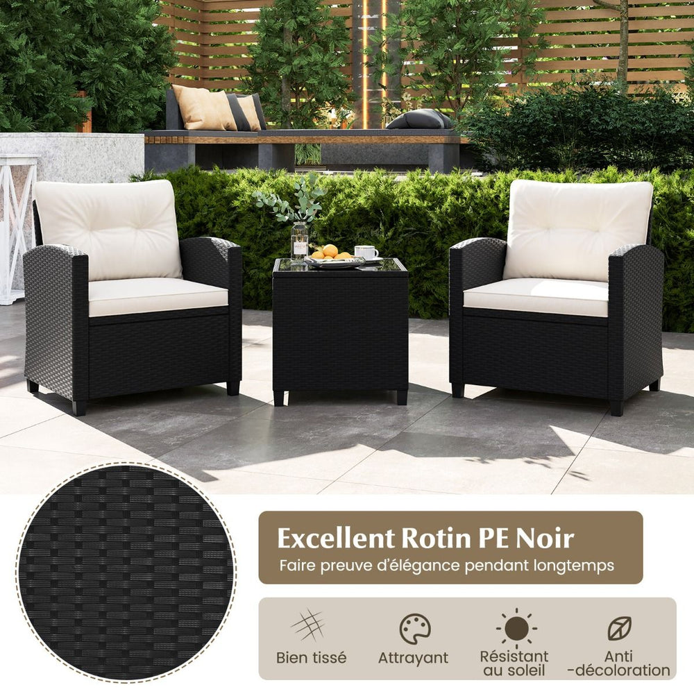 Ensemble de Meubles 3 Pièces de Patio en Rotin Charge 180KG Salon de Jardin 2 Fauteuils Table Basse avec Plateau Noir/Beige/Blanc -