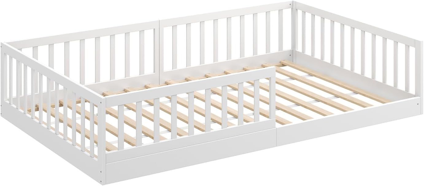 CADANI Timi 2en1 Lit au Sol 120x200 cm Lit Enfant Montessori avec Barrière de Sécurité et Sommier à Lattes, Bois Massif Pin, Blanc, 3 Variantes de Construction, Transformable