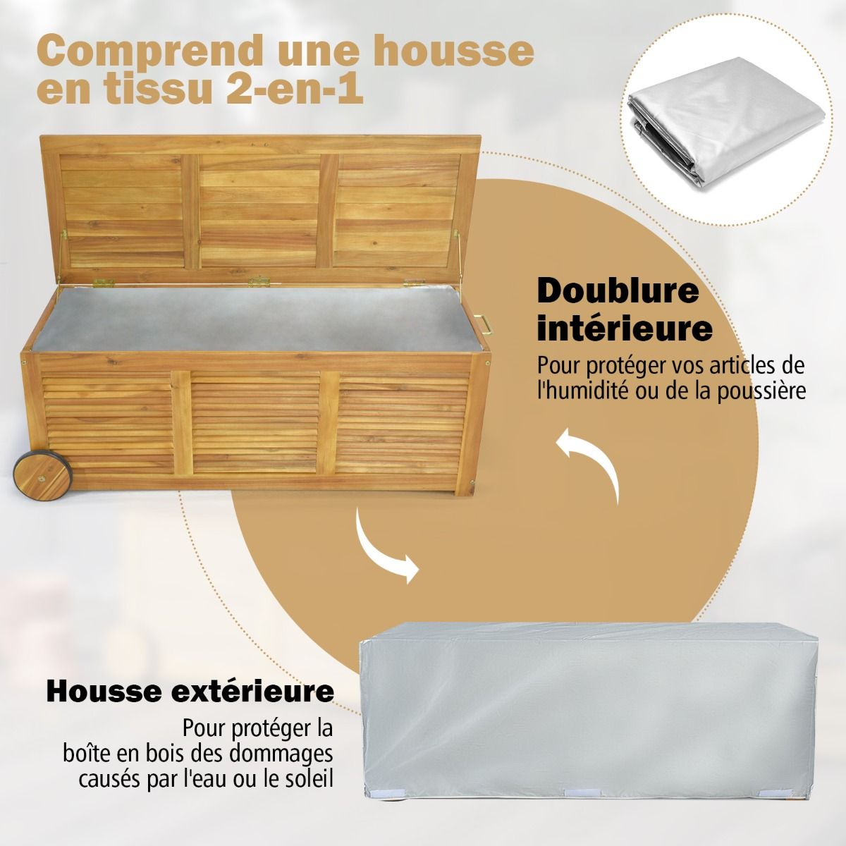 Coffre de Rangement 182L en Bois d’Acacia Charnière en Métal Banc de Rangement à Roulettes Extérieur pour Jardin Patio -