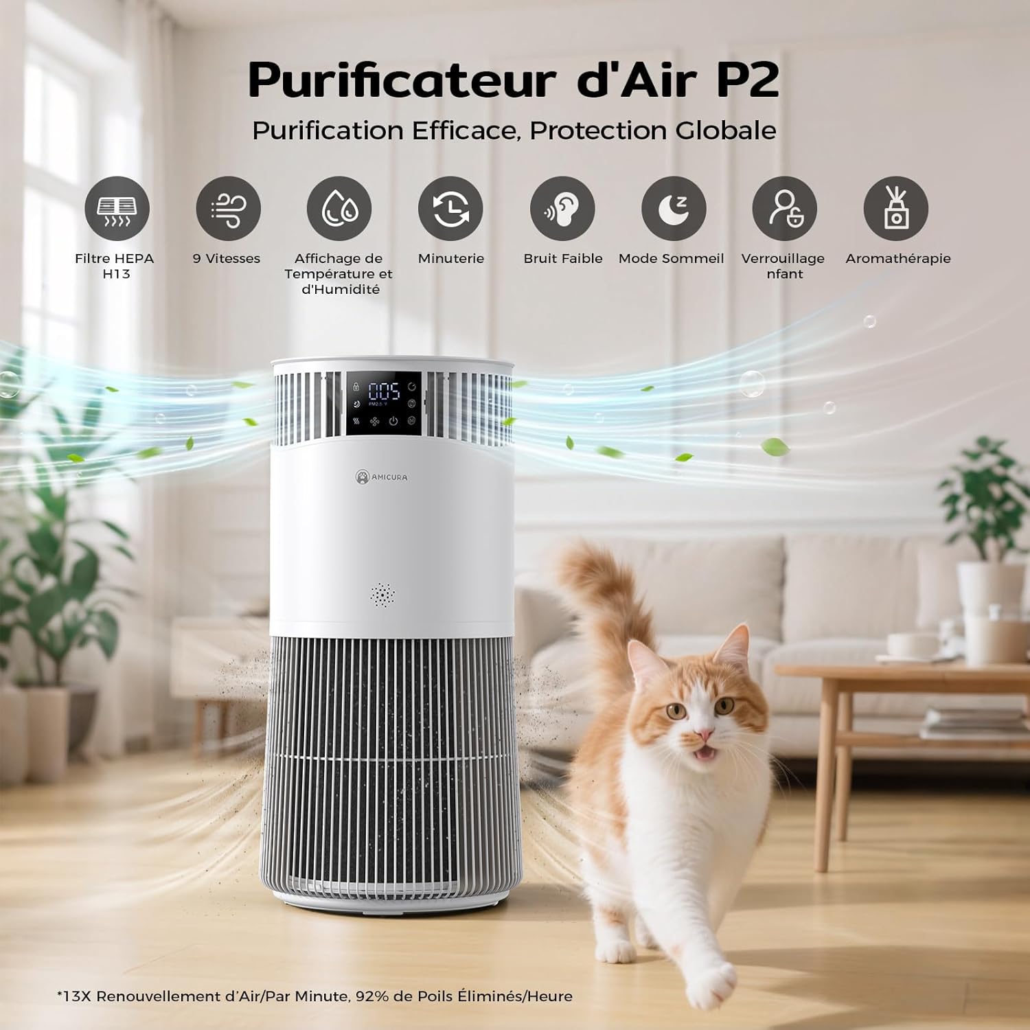 Amicura P2 Purificateur d'air Hepa pour Animaux et Personnes Allergiques, 843 m³/h CADR Contre les Poils d'animaux, Filtre Hospitalier H13 Hepa, 450 m³/h de Particules, Contrôle par App