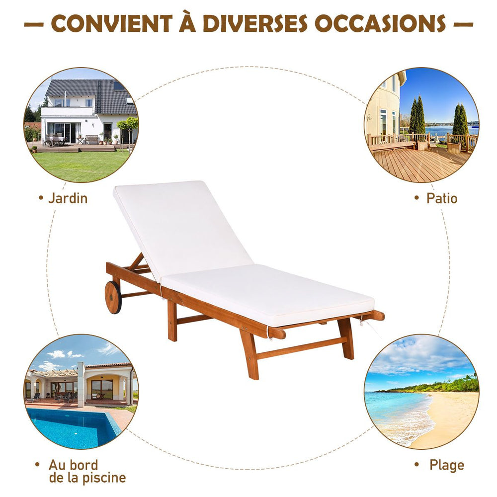 Chaise Longue Pliable en Bois avec 2 Roues et un Coussin Amovible Dossier Rglable Capacit Portante 160KG Idal pour L檈xtrieur -
