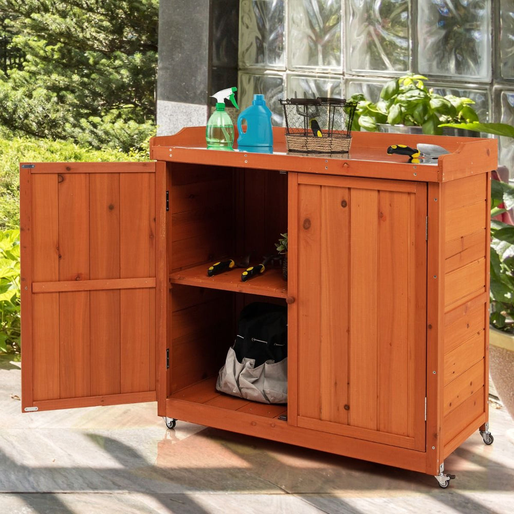 Costwy Rangement de Jardin Armoire en Bois Table de Jardinage avec Etagère Amovible 4 Roues Universelles Plateau en Acier Galvanisé -