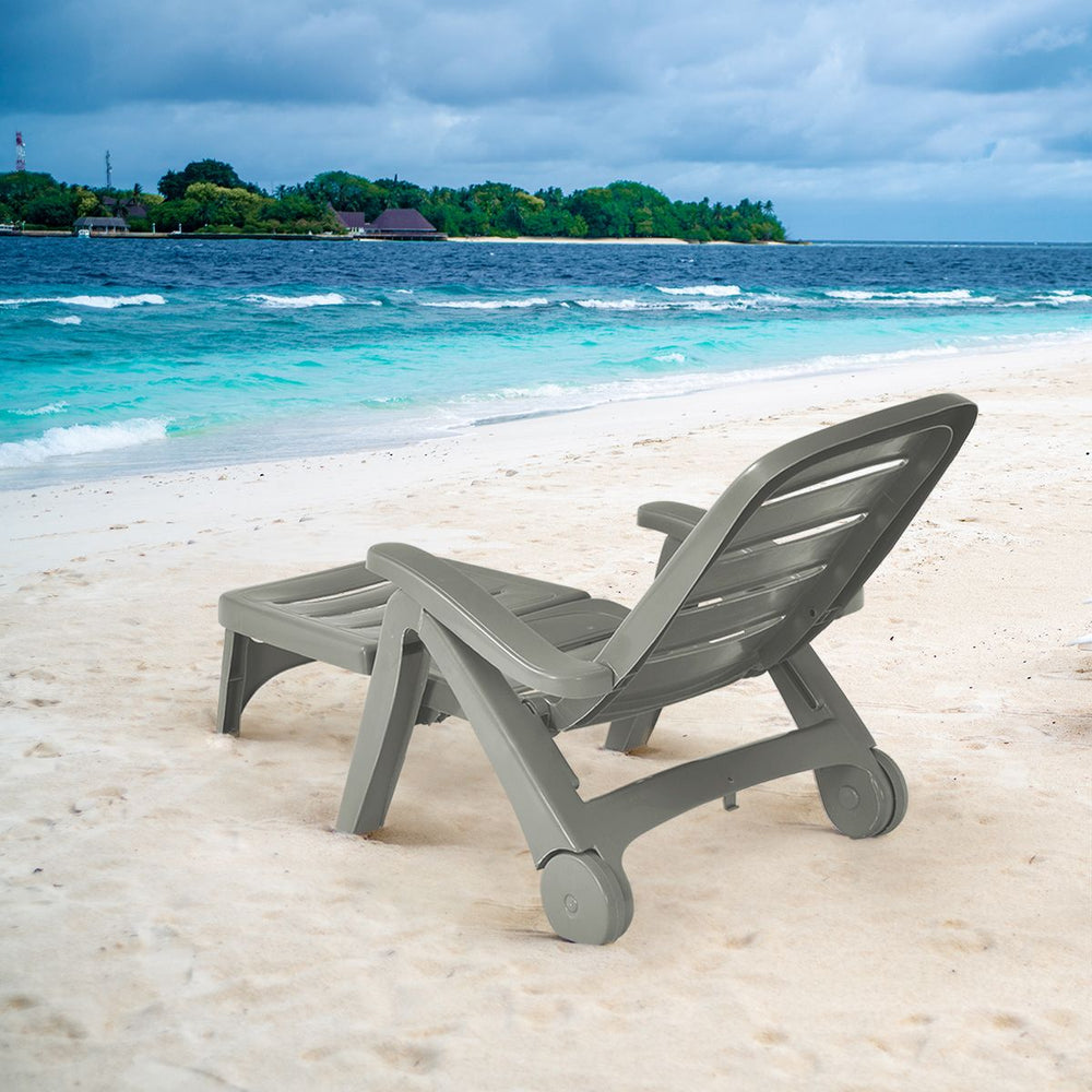Chaise Longue Pliable Dossier Inclinable  5 Positions avec Roues Intgres pour Terrasse Jardin Piscine 150 kg Gris/Blanc/Bleu -