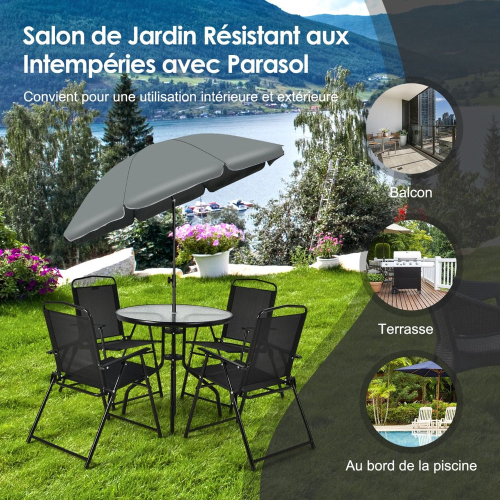 Ensemble Salon de Jardin 6 Pcs 4 Chaises Pliantes Table Basse en Verre et Parasol pour Terrasse Piscine Cour Noir -