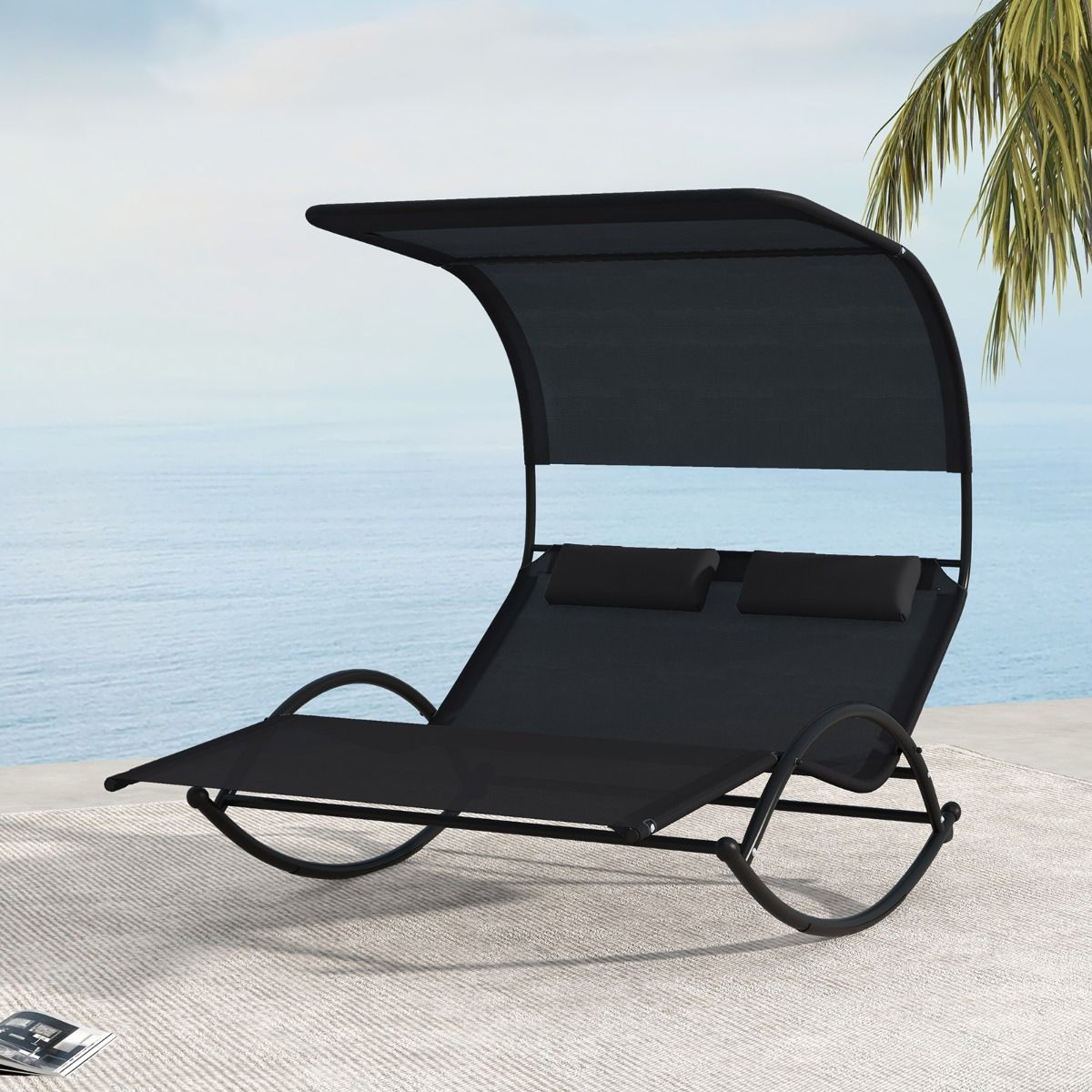 Chaise Longue Double Chaise  Bascule pour 2 Personnes 2 Appui-T锚tes Amovibles Cadre en Mtal Robuste Lit de Repos Ergonomique 2 Places Gris/Noir/Beige -