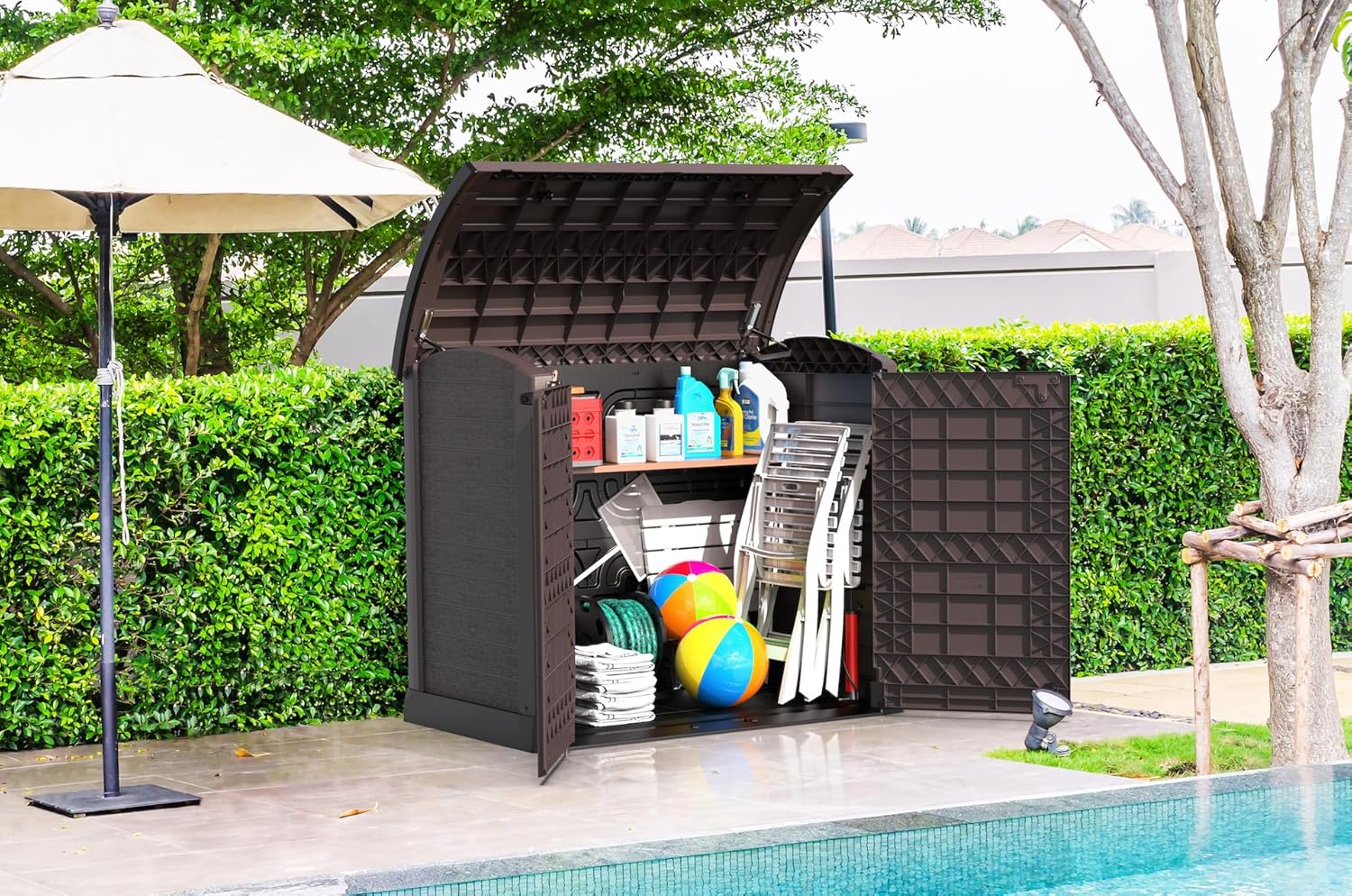 Duramax StoreAway 1200L Plastic Garden Shed/ Flat Lid,Outdoor Storage Shed,Wheelie Bin Hideaways,Wheelie bin box,Durable Construction,Ideal for Bikes,BBQs & 2x 240L Bins,145x85x125 cm,Brown