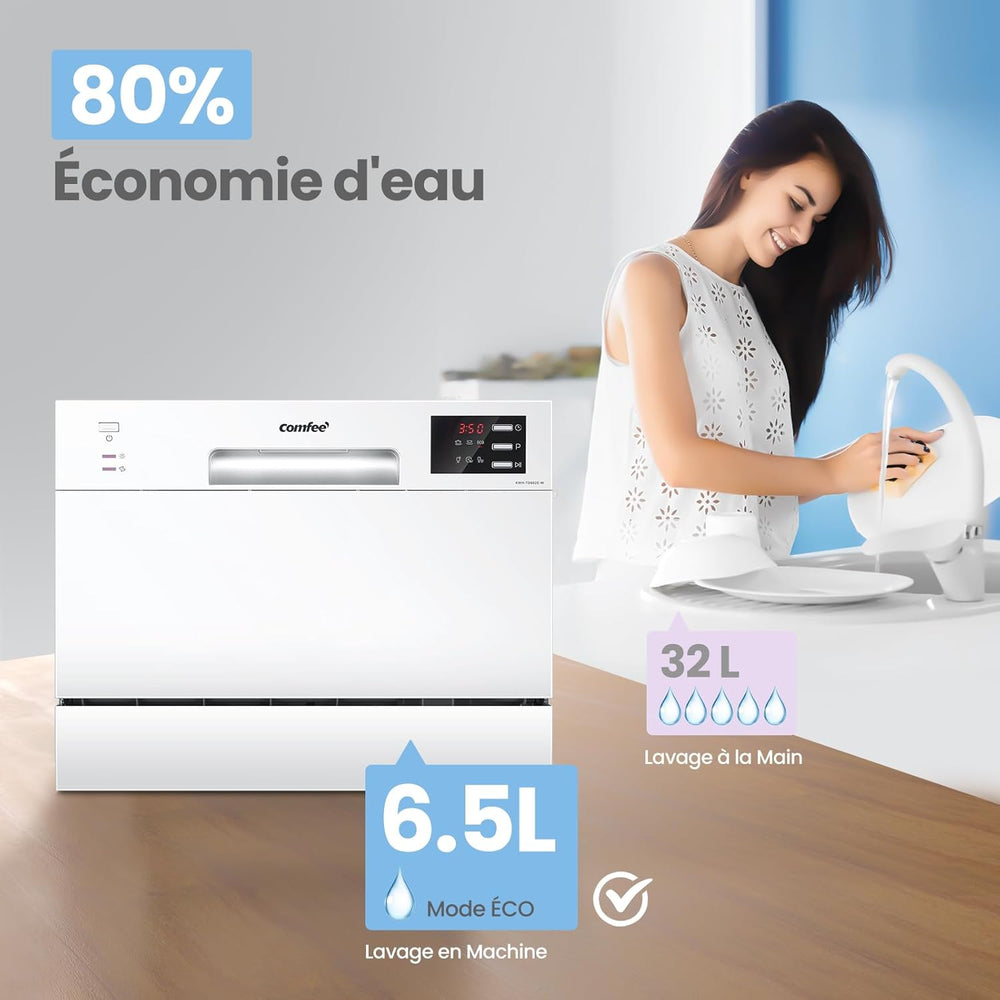 COMFEE' TD602E-W Lave-vaisselle compact pose libre, écran LED, 6,5 litres, blanc, niveau sonore : 47 dB
