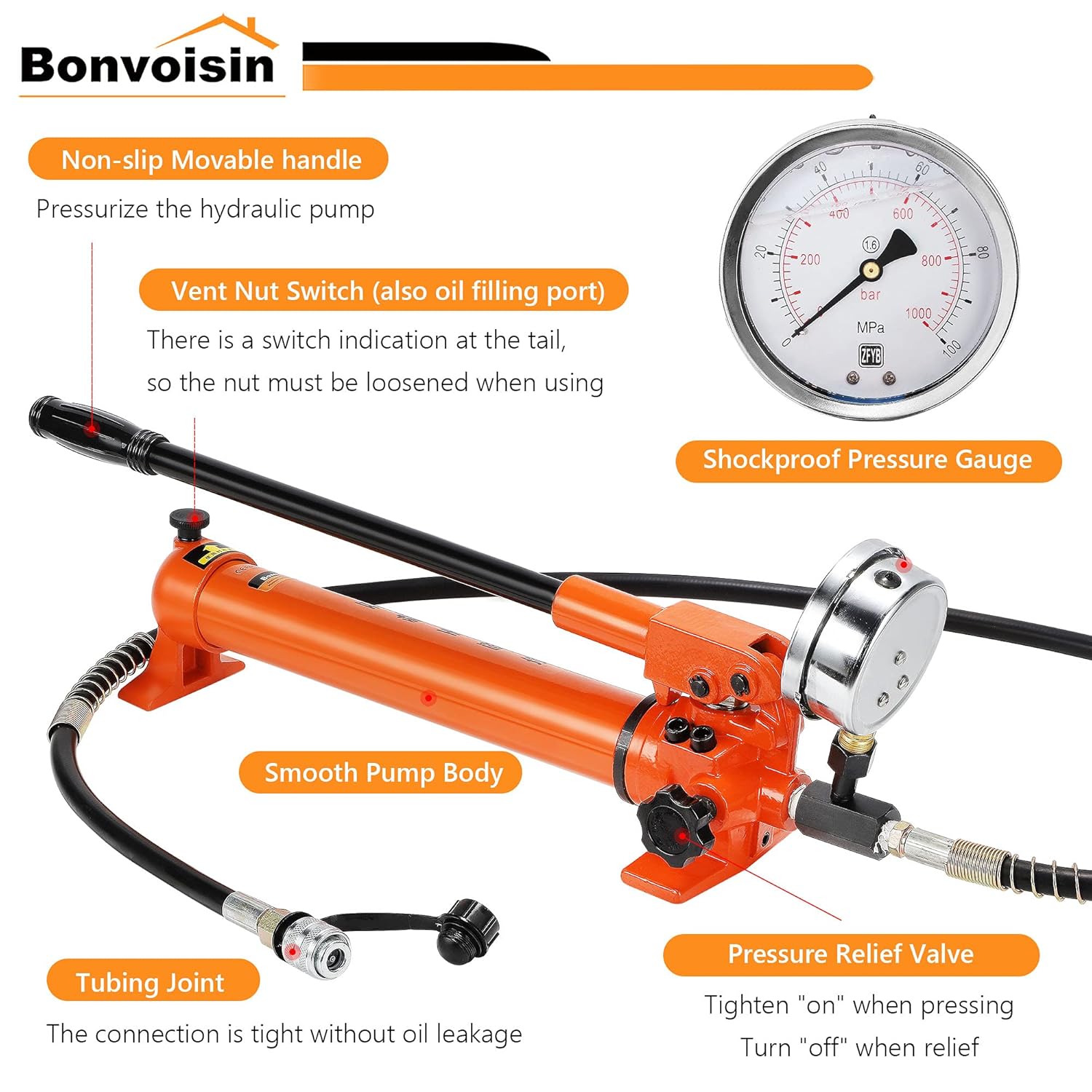 Bonvoisin CP-700 Pompe Hydraulique Manuelle avec Manomètre Haute Pression 700 kg/cm² Teneur en Huile 900cc pour des Outils Hydrauliques