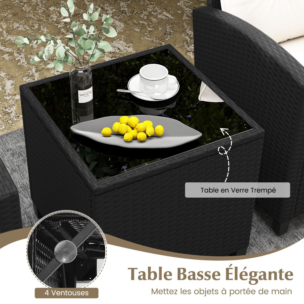 Ensemble de Meubles 3 Pièces de Patio en Rotin Charge 180KG Salon de Jardin 2 Fauteuils Table Basse avec Plateau Noir/Beige/Blanc -