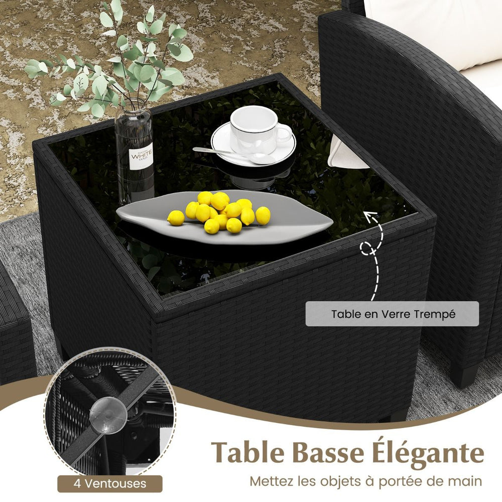Ensemble de Meubles 3 Pièces de Patio en Rotin Charge 180KG Salon de Jardin 2 Fauteuils Table Basse avec Plateau Noir/Beige/Blanc -