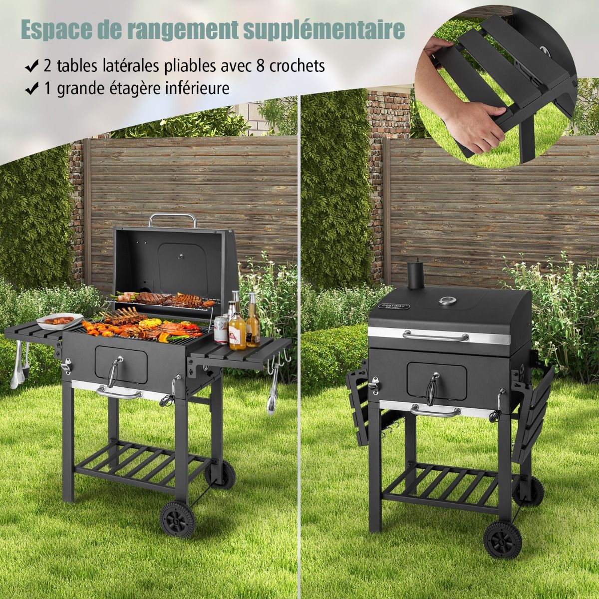 Barbecue à Charbon de Bois Portable avec 2 Tables d'Appoint Noir -