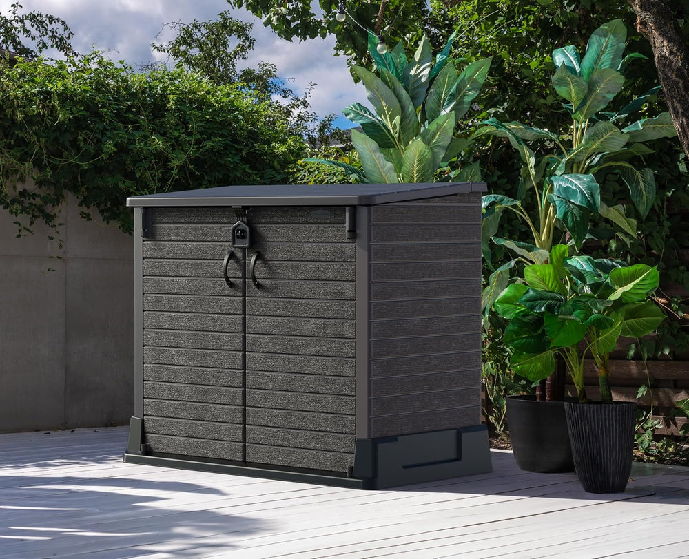 Duramax StoreAway 1200L Plastic Garden Shed/ Flat Lid,Outdoor Storage Shed,Wheelie Bin Hideaways,Wheelie bin box,Durable Construction,Ideal for Bikes,BBQs & 2x 240L Bins,145x85x125 cm,Brown
