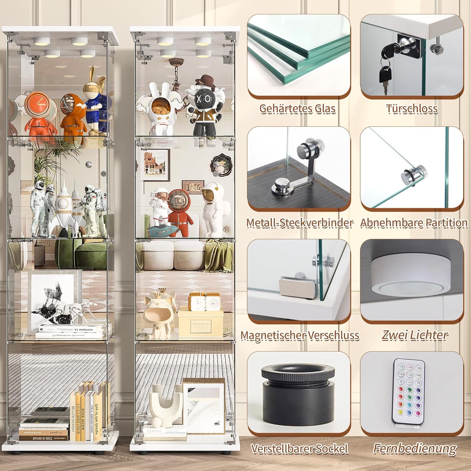 BPKADHY Vitrine sur pied en verre à 4 couches - 1 porte - Lampe LED et serrure avec paroi arrière miroir - Armoire de salon pour objets de collection et livres - Blanc